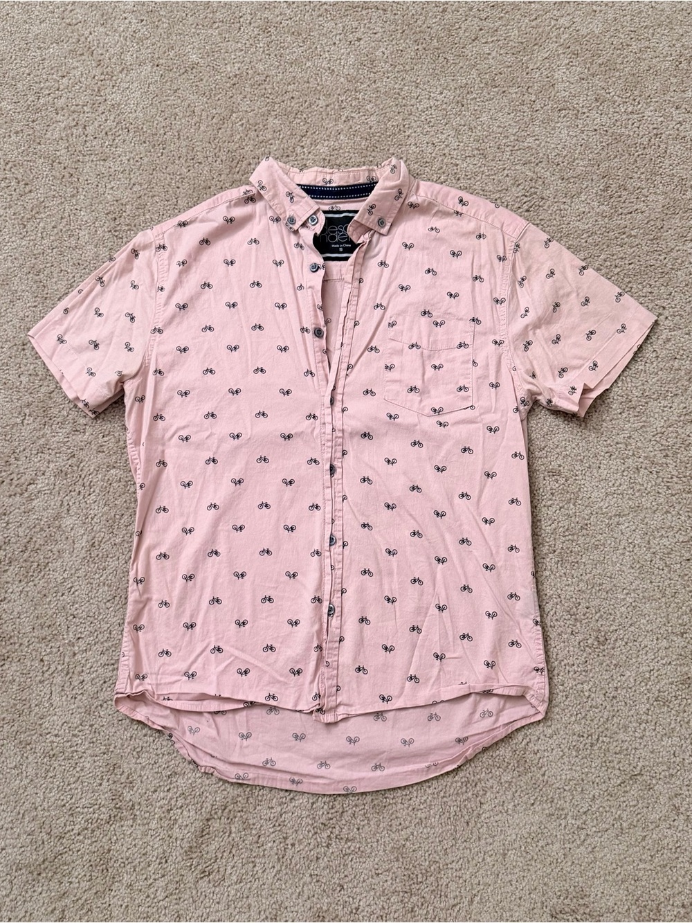 Descendent Men's Short-Sleeve Pink Button-Up Shirt with Bicycle Print Size S